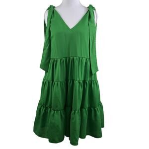 TCEC Green Babydoll Dress Small Tiered Sleeveless Tie Shoulder V Neck Pockets